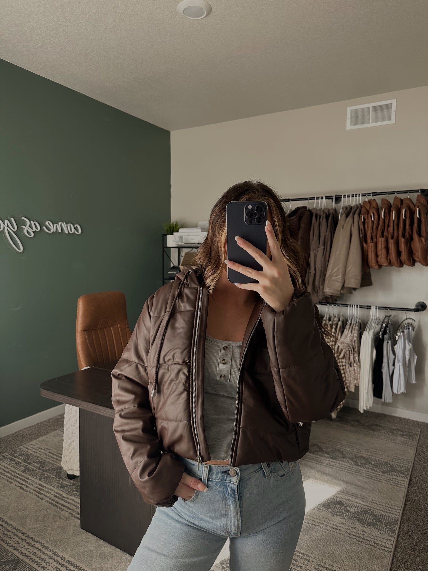 Cropped Hooded Puffer Jacket // COFFEE