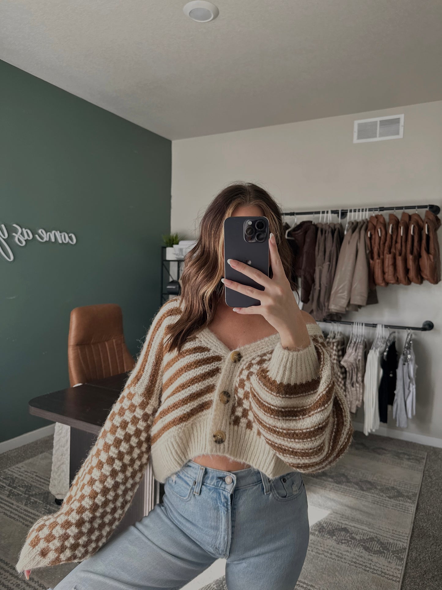 Checkered & Striped Knit Cardigan // BROWN & CREAM