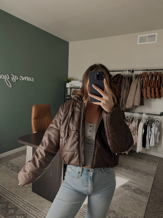 Cropped Hooded Puffer Jacket // COFFEE